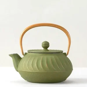 MIYA Company Teapots - Cast Iron | Cast Iron Teapot Olive Green Wave Gold Handle